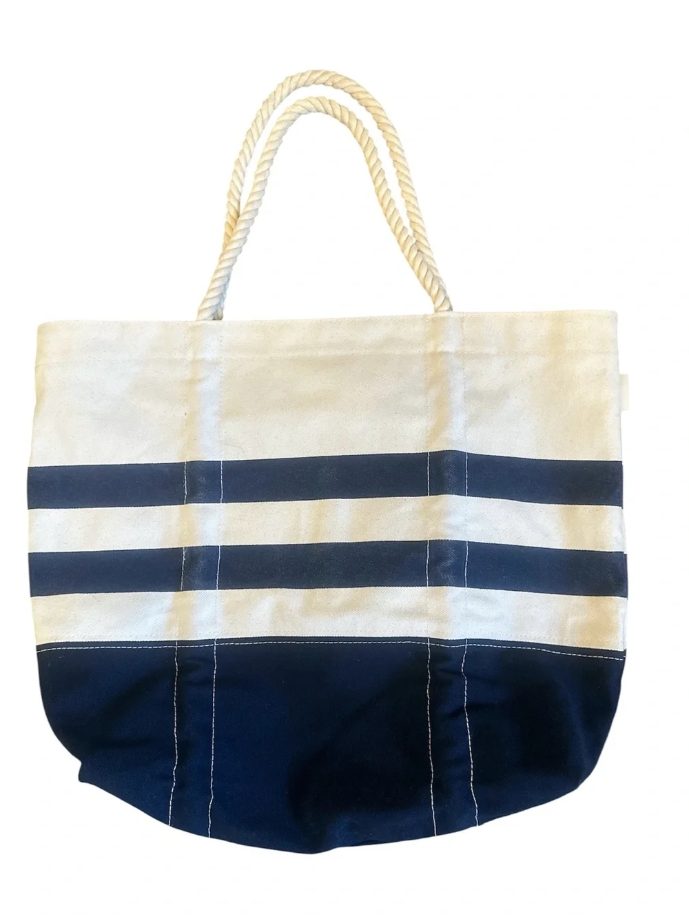 Liquid Asset Boat Tote White Navy Blue Stripe Thick Canvas Rope Handles Nautical
